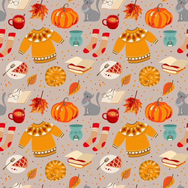 Cute autumn things sweater pumpkin tea cocoa cake socks Autumn mood