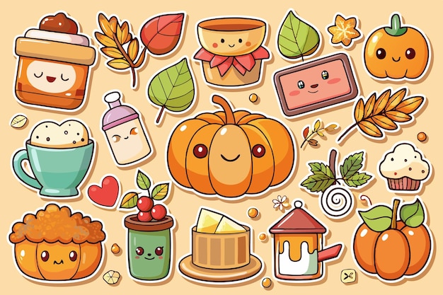 Cute autumnthemed illustrations featuring food and nature elements