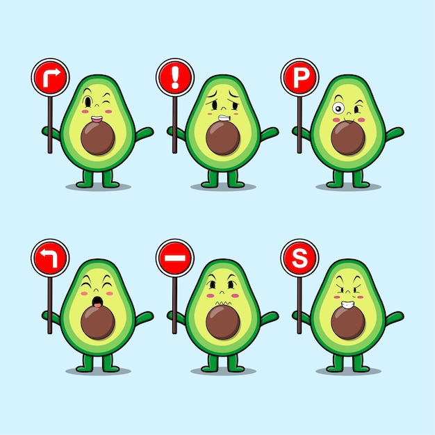 Cute avocado cartoon character holding traffic sign in modern 3d style design