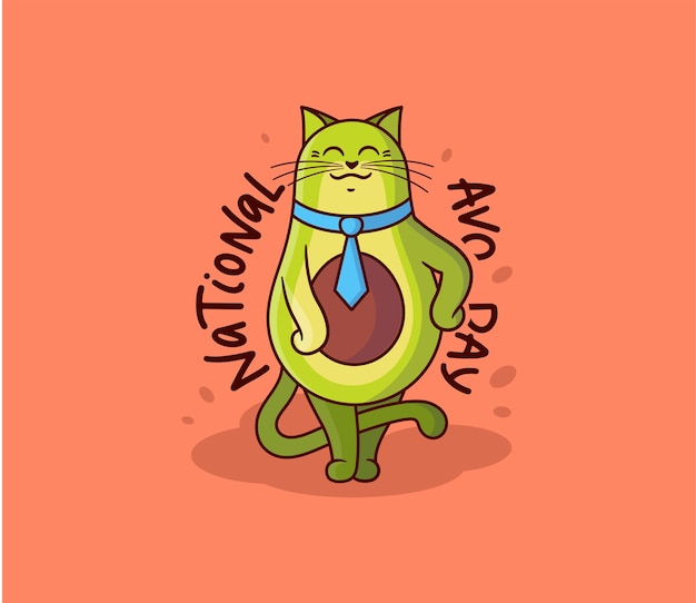 The cute avocado cat-boy with tie. Cartoonish character with a lettering phrase - National Avo Day.