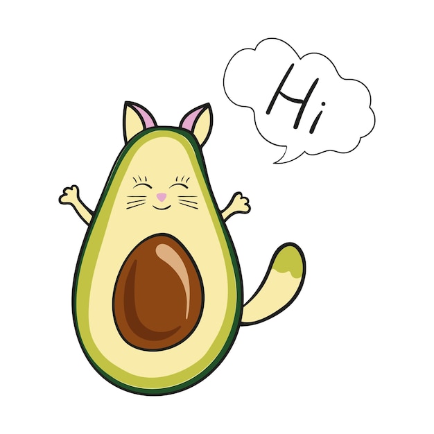 Cute avocado cat with a smile Hello icon isolated on white background kawaii style