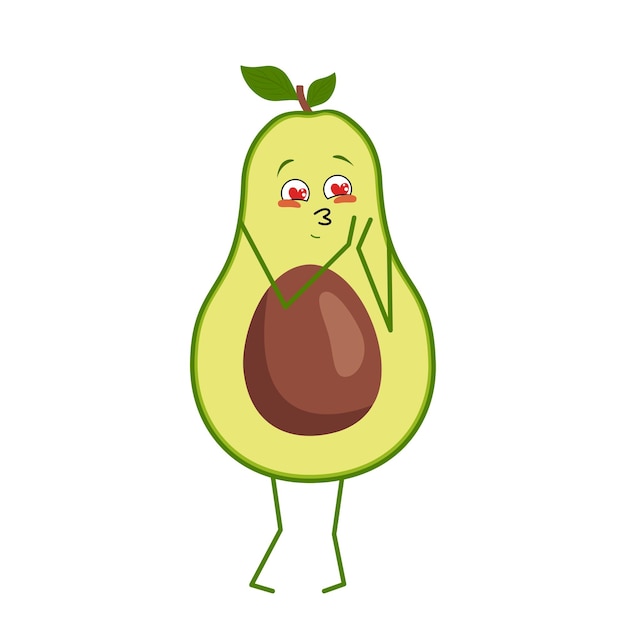 Cute avocado character falls in love with eyes hearts isolated on white background the funny or sad ...