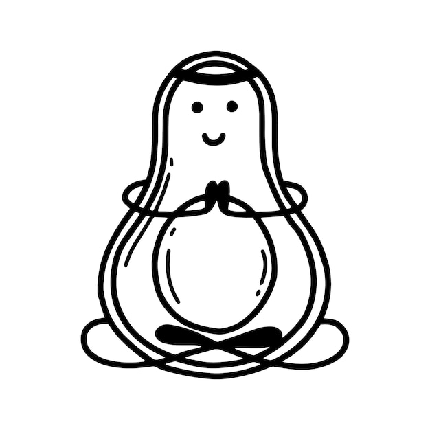 Cute avocado doing yoga meditation Sports hobbies exercise yoga Doodle style Vector avocado in kawaii style Sports healthy avocado The concept of doing sports