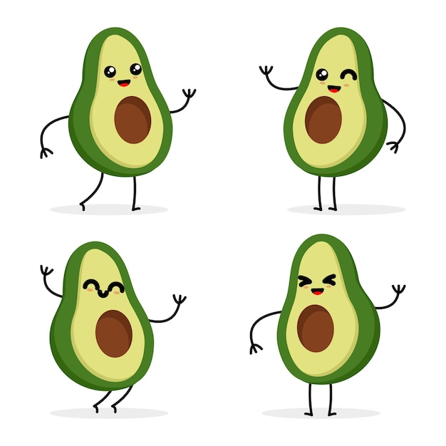 Cute avocado fruit cartoon character vector illustration set great for food fruit and kids themes