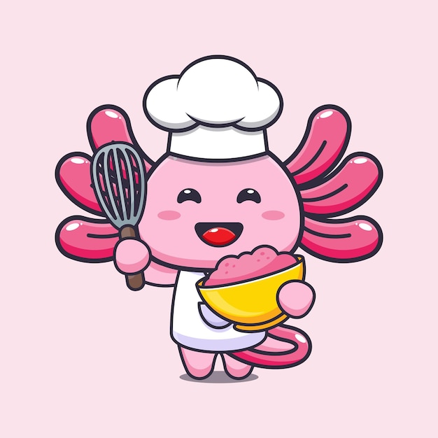 cute axolotl chef mascot cartoon character with cake dough