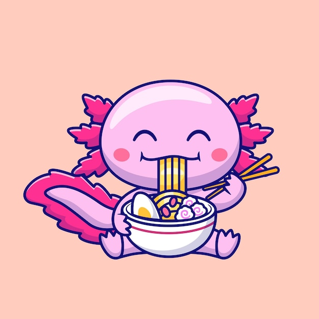 Cute Axolotl Eating Ramen Noodle Cartoon Vector Icon Illustration Animal Food Icon Isolated Flat