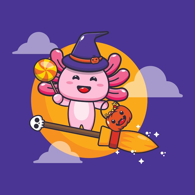 Cute axolotl fly with broom in halloween night. 
Cute halloween cartoon illustration.