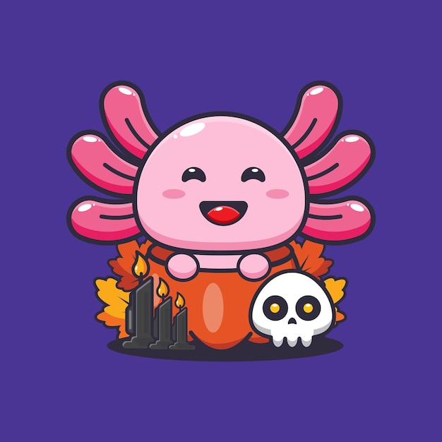 Cute axolotl in halloween pumpkin. 
Cute halloween cartoon illustration.