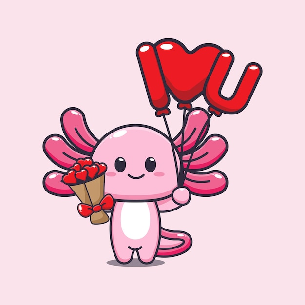 cute axolotl mascot cartoon character illustration in valentine day