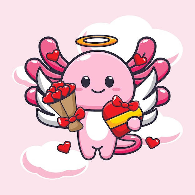 cute axolotl mascot cartoon character illustration in valentine day