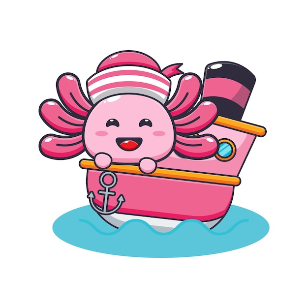 cute axolotl mascot cartoon character on the ship