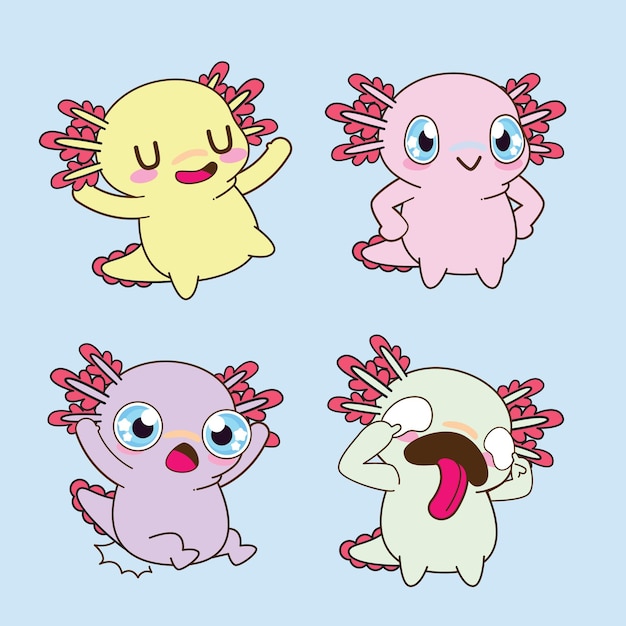 Cute axolotl sticker vector set