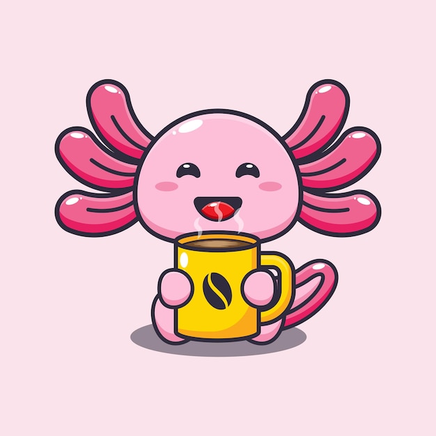 Cute axolotl with hot coffee cartoon vector illustration