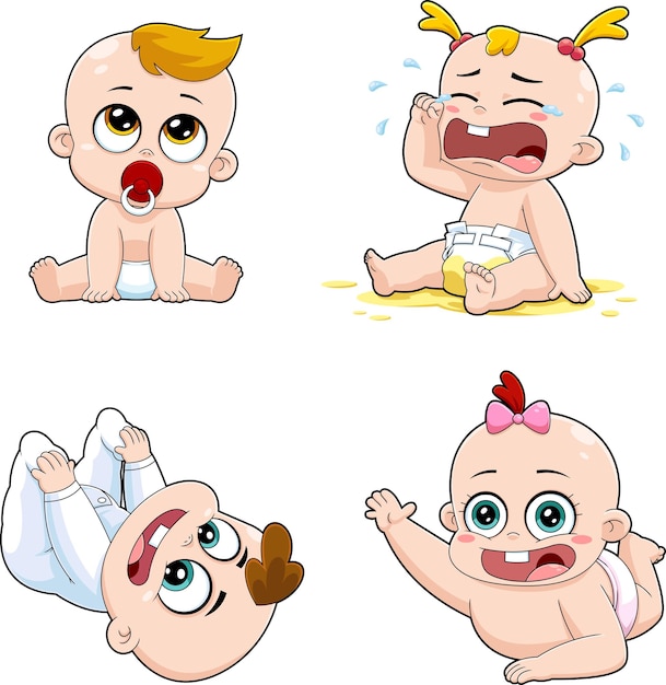 Cute Babies Cartoon Characters. Vector Hand Drawn Collection Set