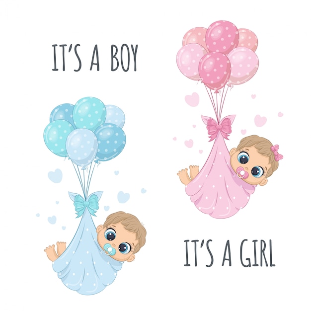 Cute babies in diapers on the balloons with phrase "It's a boy" and "It's a girl"