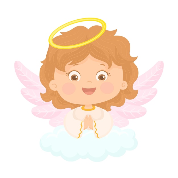 Cute baby angel turns to God his hands folded in prayer religious children's character