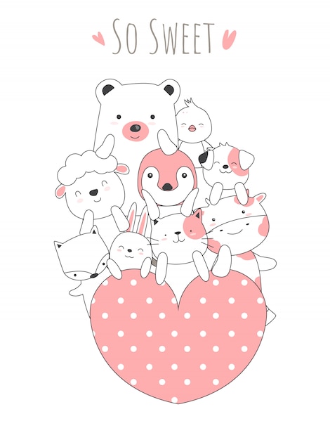 Cute baby animal cartoon hand drawn style