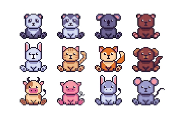 Cute baby animals pixel art set. Domestic and wild species collection. Sitting adorable pets