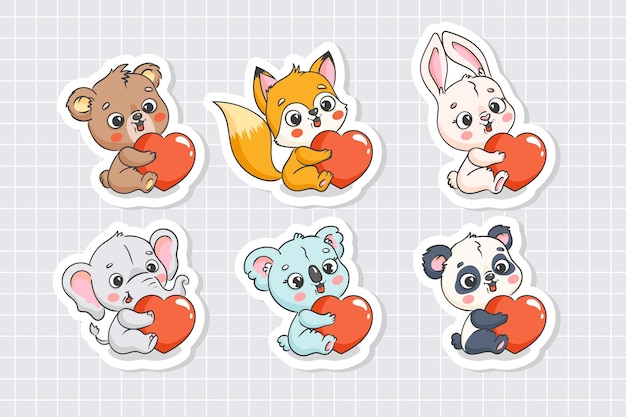 Cute baby animals stickers collection Bear fox hare elephant koala panda with heart