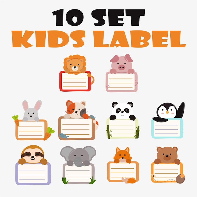 Cute baby animals with label name cartoon hand drawn style