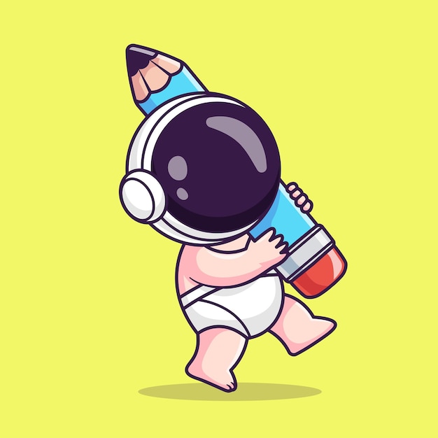 Cute Baby Astronaut Holding Pencil Cartoon Vector Icon Illustration Science Education Isolated Flat