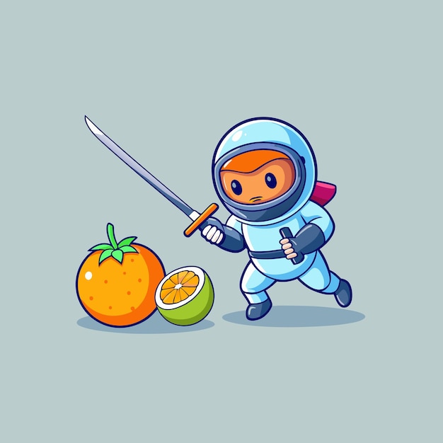 cute baby astronaut ninja slash fruit with katana cartoon illustration