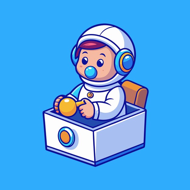 Vector cute baby astronaut playing in box with pacifier cartoon illustration