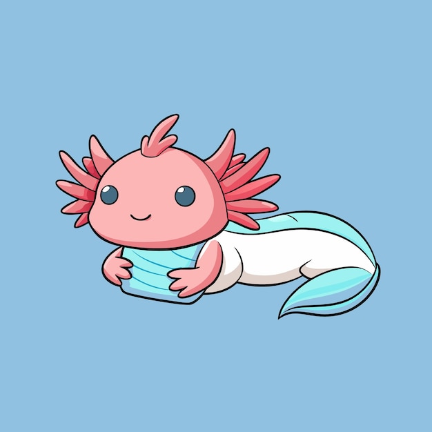 cute baby axolotl sleeping with pillow cartoon or mascot logo illustration