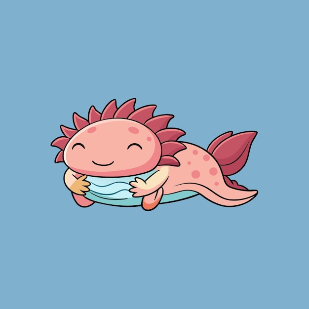 cute baby axolotl sleeping with pillow cartoon or mascot logo illustration