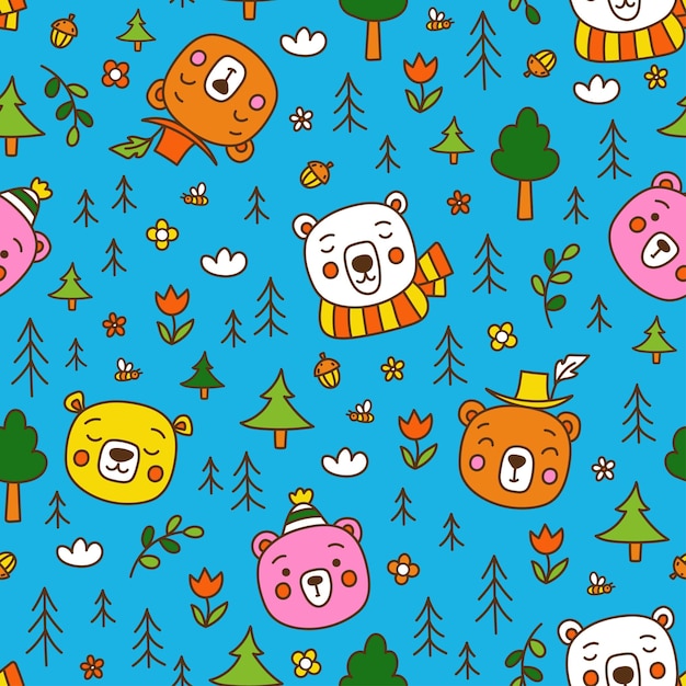 Cute baby bear animals in the forest Seamless vector pattern