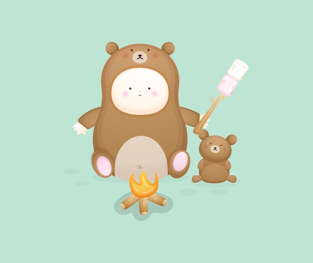 Cute baby in bear costume holding marshmallow. cartoon illustration Premium Vector