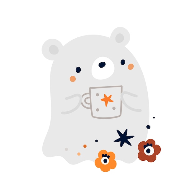 Cute baby bear ghost with cup of coffee. Cute print for happy Halloween party