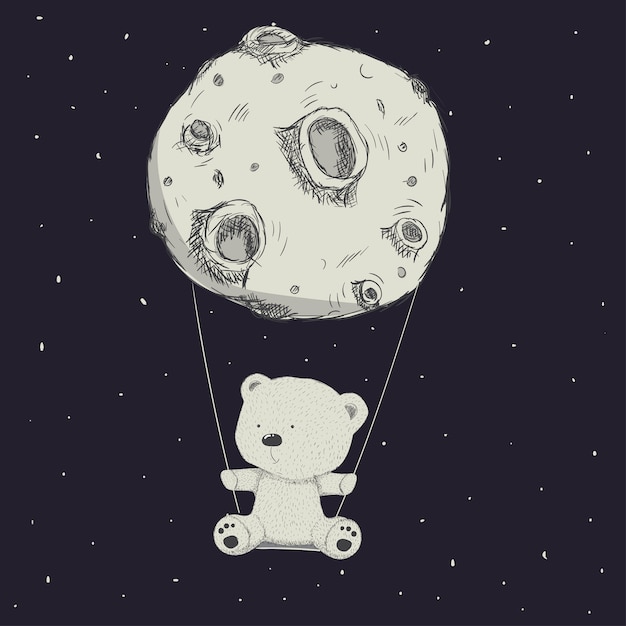 Cute baby bear and moon cartoon hand drawn