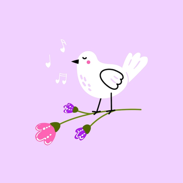 Cute baby bird standing on a twig and singing a lovely song Vector illustration