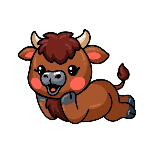 Cute baby bison cartoon laying down