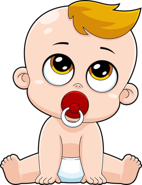 Cute Baby Boy Cartoon Character Sitting With Pacifier In Mouth And Diapers. Vector Illustration