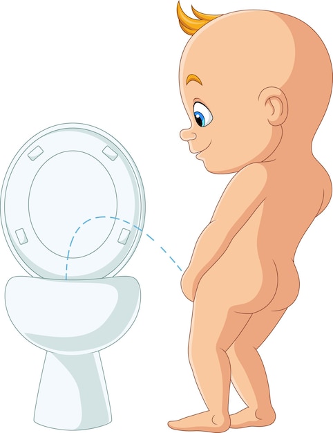 Vector cute baby boy cartoon peeing in the toilet