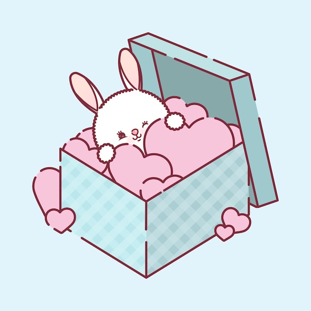 Cute baby bunny in a box full of hearts premium vector