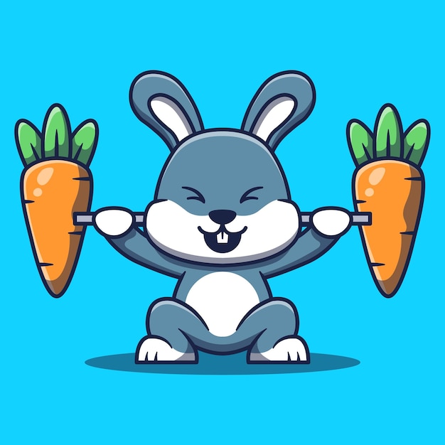 Cute Baby Bunny Lifting Weights Carrot Cartoon Vector Illustration