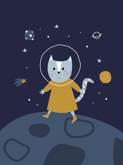 Cute Baby Cat walk on moon space planet