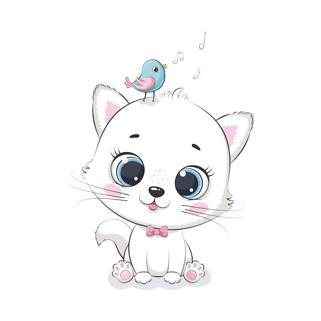 Cute baby cat with bird.  illustration for baby shower, greeting card, party invitation, fashion clothes t-shirt print.