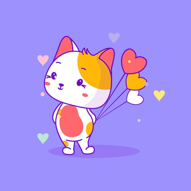 Cute baby cat with heart balloons vector illustration