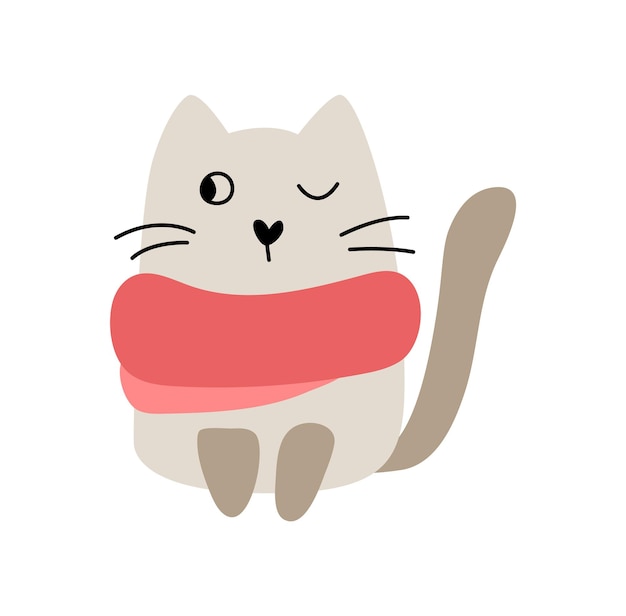 Cute baby Christmas cartoon vector winter cat in red scarf Doodle scandinavian style for new year