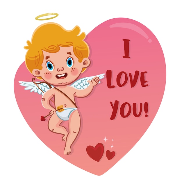 Cute baby Cupid angel with i love you text on romantic pink heart shape Valentine Day Card