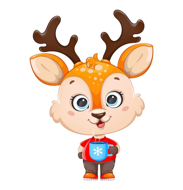 Cute baby deer holding a cup of cocoa. Cheerful little reindeer cartoon character. Merry Christmas and Happy New Year. Stock vector illustration on white background.