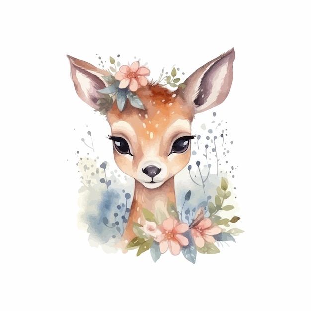 A cute baby deer with flowers cartoon watercolor white background