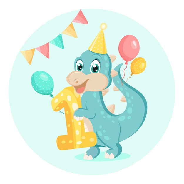 Cute baby dinosaur Birthday invitation One year one month Happy birthday card