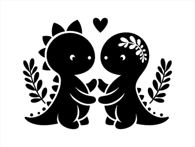 Vector cute baby dinosaur couple silhouette with flower