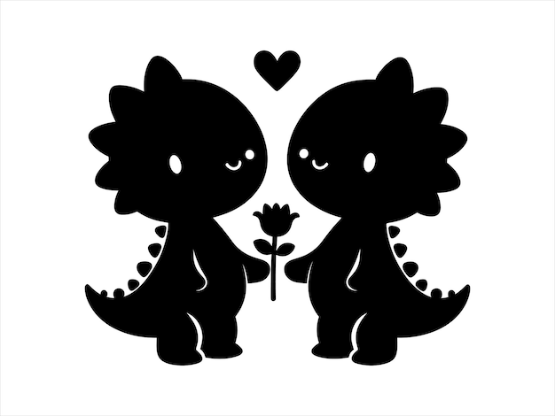 Vector cute baby dinosaur couple silhouette with flower