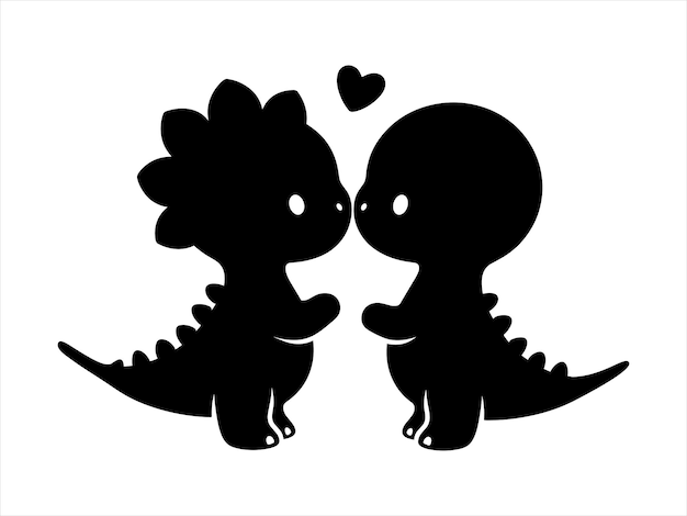 Vector cute baby dinosaur couple silhouette with flower